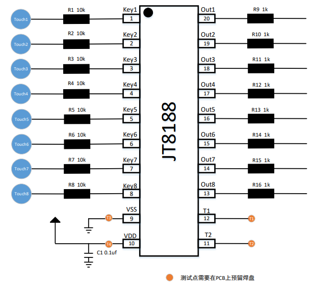 JT8188 是一款电容式上海八按键触摸控制芯片