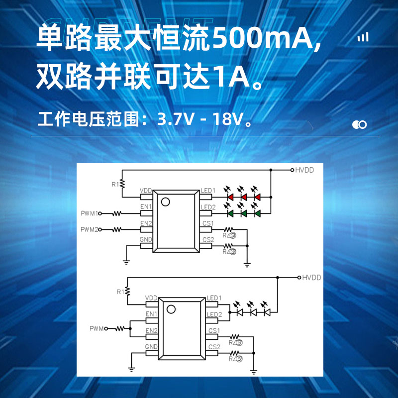 XR8141B上海双通道LED驱动芯片，线性恒流驱动，每通道最大500mA驱动电流，并联使用最大可达1A
